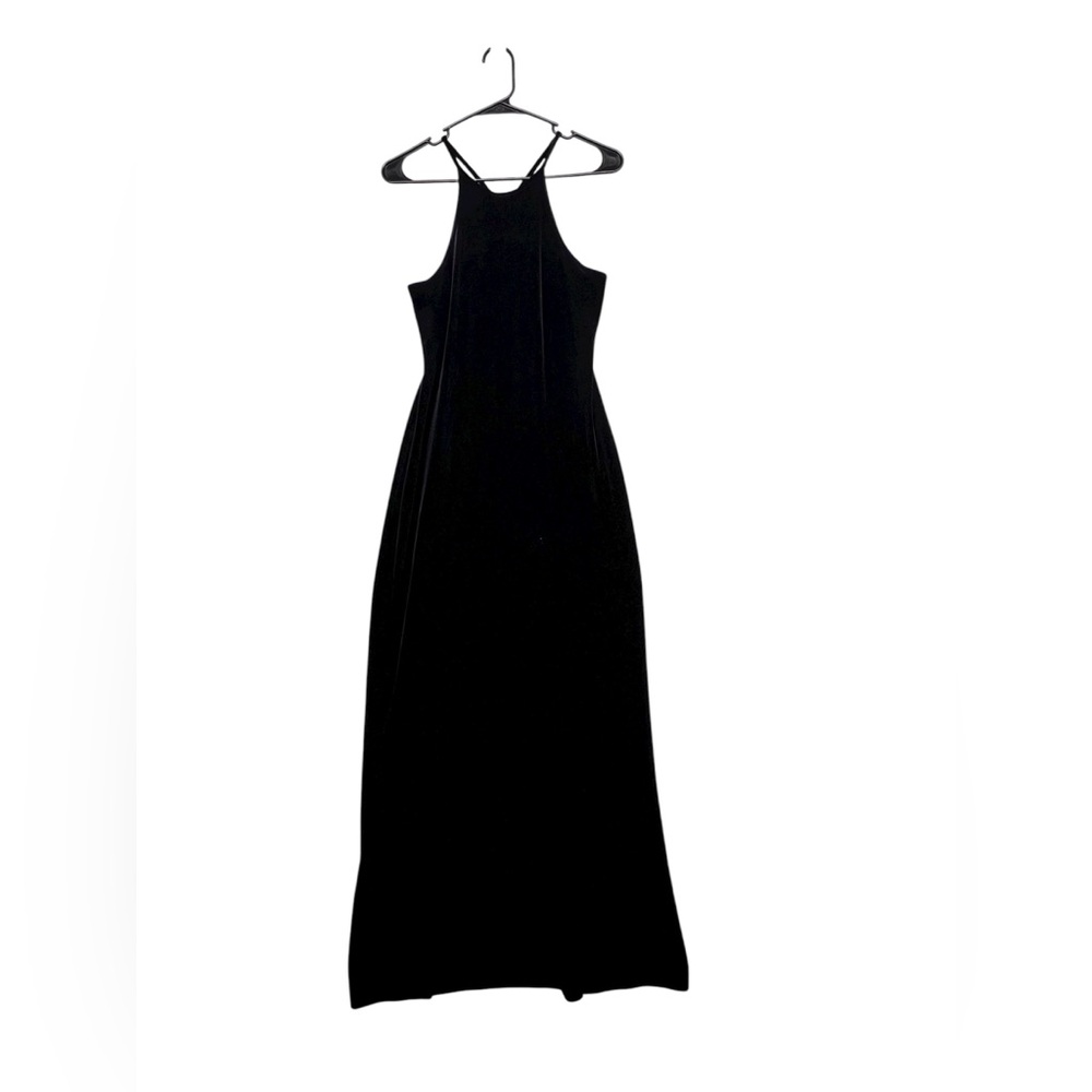 VTG‎ Jump Apparel Black Velvet Halter Dress w open cut-out back, Slit, SZ 3/4